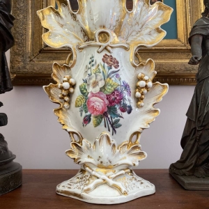 19th-Century French Hand-Painted Porcelain Wedding Vase with Gold Accents