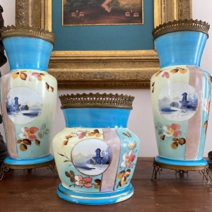 19th-Century French Opaline Glass Vase Trio with Hand-Painted Scenes and Brass Accents