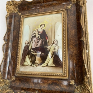 Antique Italian Convex Icon in Ornate Walnut & Bronze Oklad – Handcrafted Religious Art