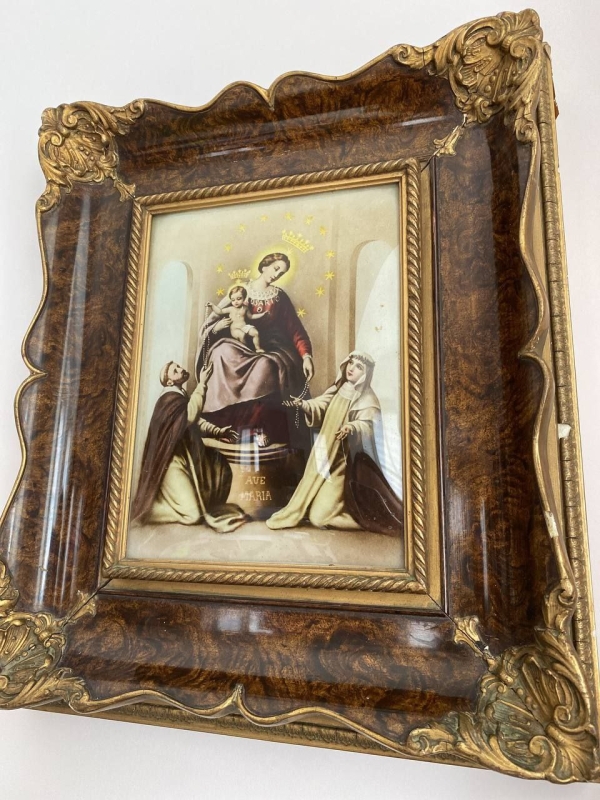 Antique Italian Convex Icon in Ornate Walnut & Bronze Oklad – Handcrafted Religious Art