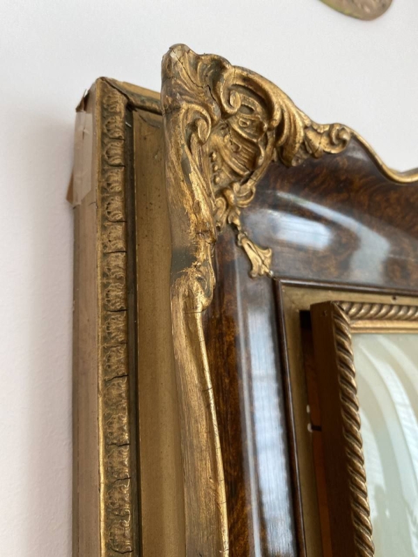 Antique Italian Convex Icon in Ornate Walnut & Bronze Oklad – Handcrafted Religious Art