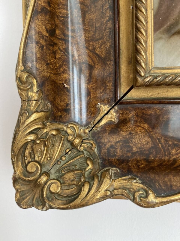 Antique Italian Convex Icon in Ornate Walnut & Bronze Oklad – Handcrafted Religious Art