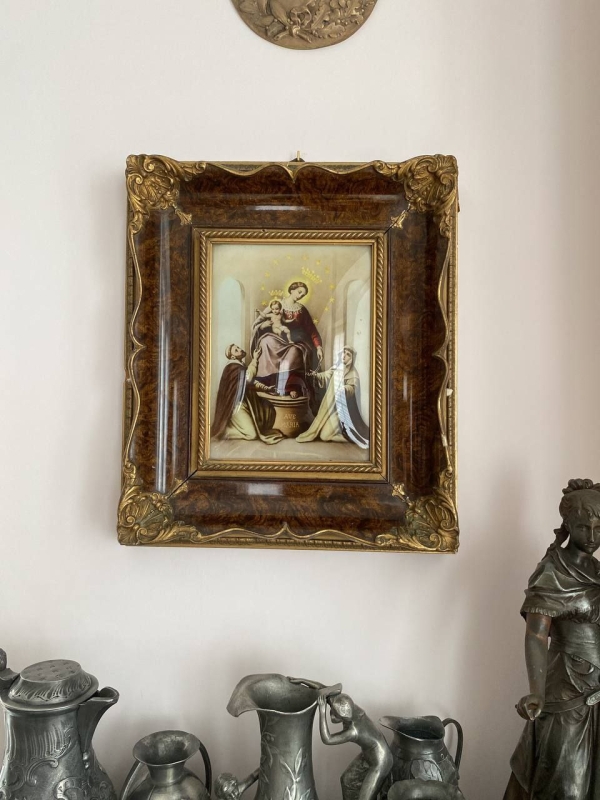 Antique Italian Convex Icon in Ornate Walnut & Bronze Oklad – Handcrafted Religious Art