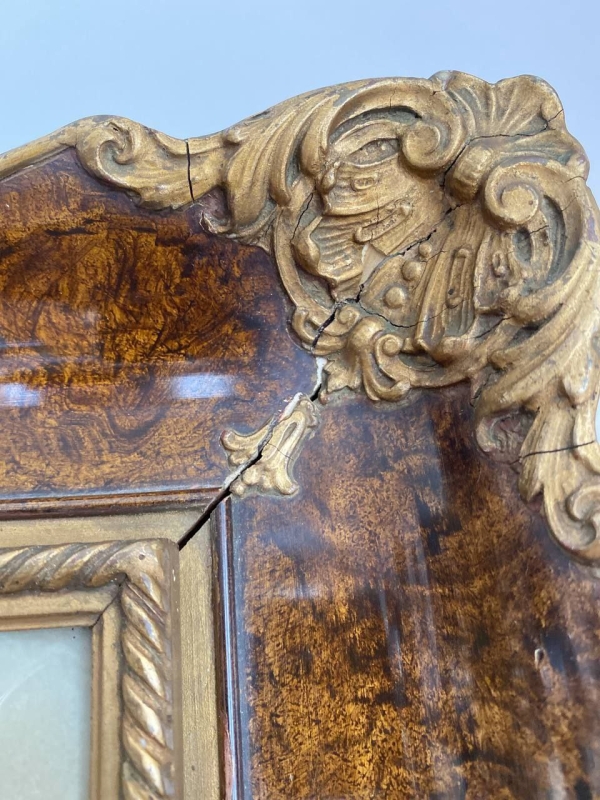 Antique Italian Convex Icon in Ornate Walnut & Bronze Oklad – Handcrafted Religious Art