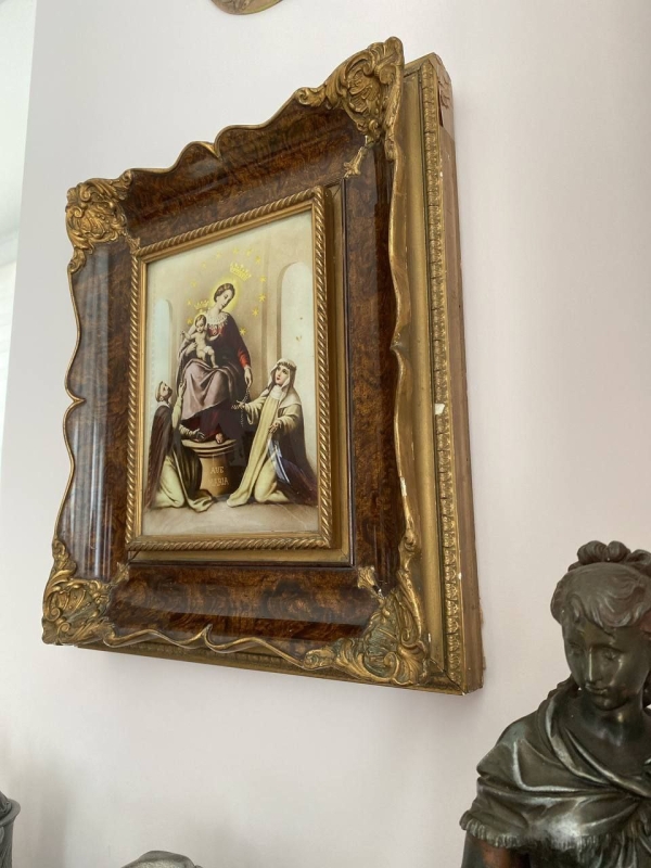 Antique Italian Convex Icon in Ornate Walnut & Bronze Oklad – Handcrafted Religious Art