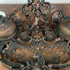 Antique Italian Rococo Double Inkstand in Patinated Bronze and Brass with Putti, Satyrs and Shell Motifs, 19th Century