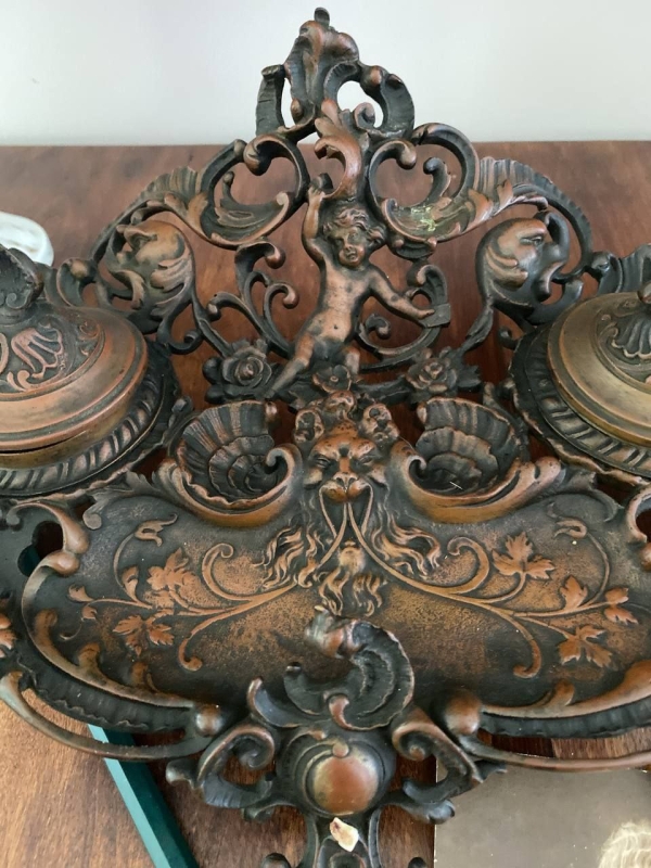 Antique Italian Rococo Double Inkstand in Patinated Bronze and Brass with Putti, Satyrs and Shell Motifs, 19th Century