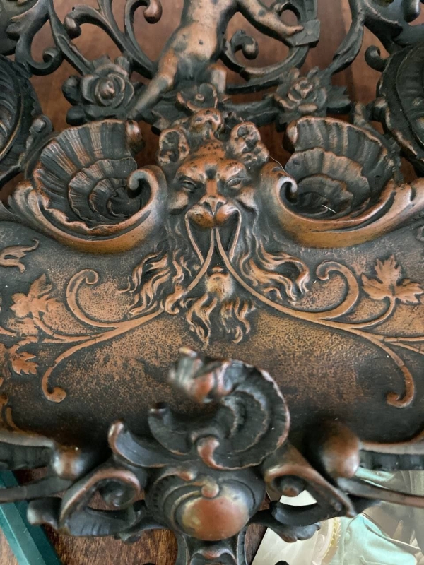 Antique Italian Rococo Double Inkstand in Patinated Bronze and Brass with Putti, Satyrs and Shell Motifs, 19th Century