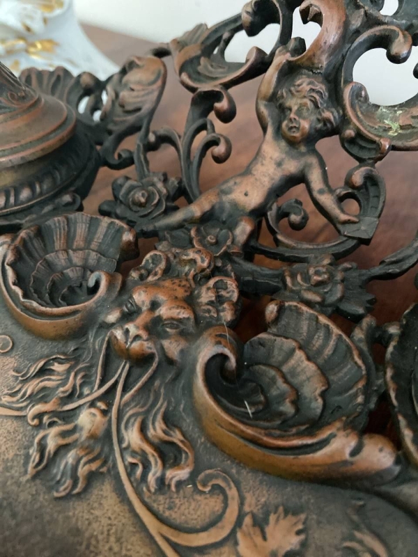 Antique Italian Rococo Double Inkstand in Patinated Bronze and Brass with Putti, Satyrs and Shell Motifs, 19th Century