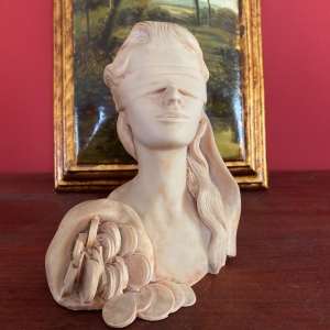 Vintage Neapolitan Bust of the Blindfolded Goddess of Fortune with Coins — Alabaster or Marble-Effect Composite, Italy, 1950s–1960s