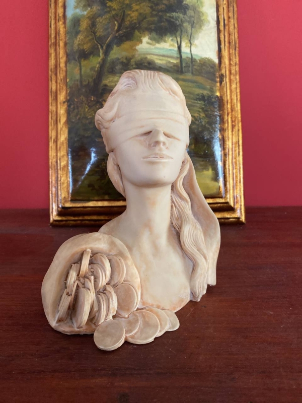 Vintage Neapolitan Bust of the Blindfolded Goddess of Fortune with Coins — Alabaster or Marble-Effect Composite, Italy, 1950s–1960s