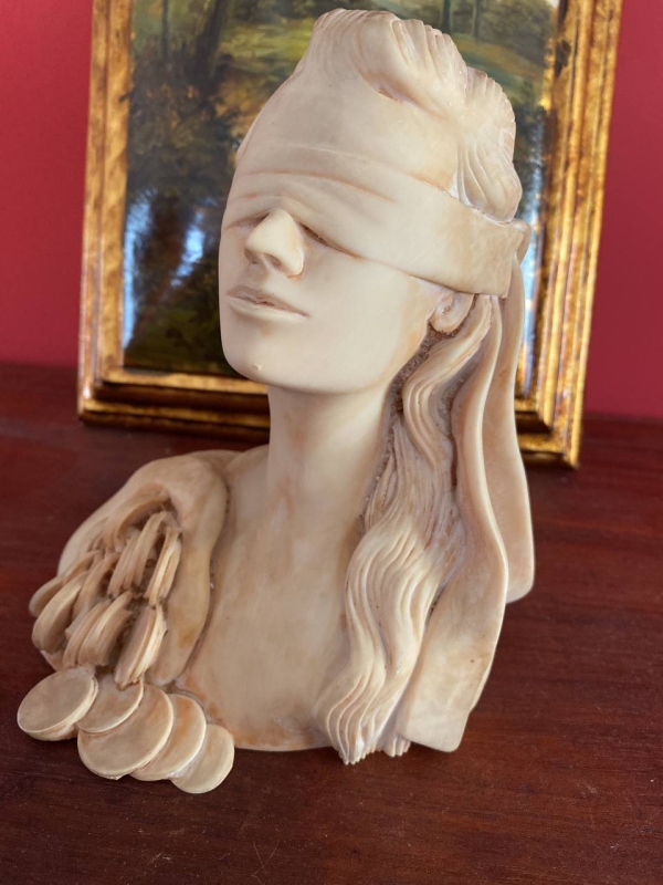 Vintage Neapolitan Bust of the Blindfolded Goddess of Fortune with Coins — Alabaster or Marble-Effect Composite, Italy, 1950s–1960s