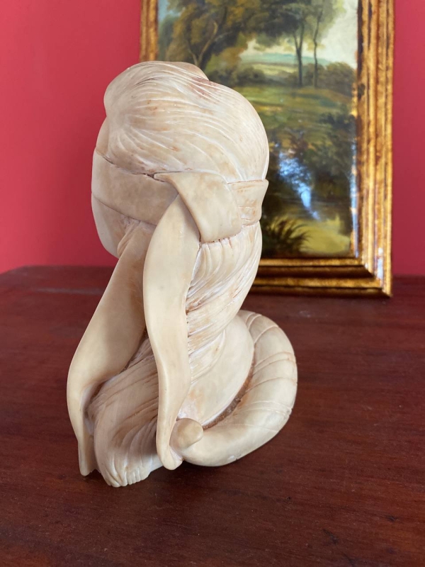 Vintage Neapolitan Bust of the Blindfolded Goddess of Fortune with Coins — Alabaster or Marble-Effect Composite, Italy, 1950s–1960s