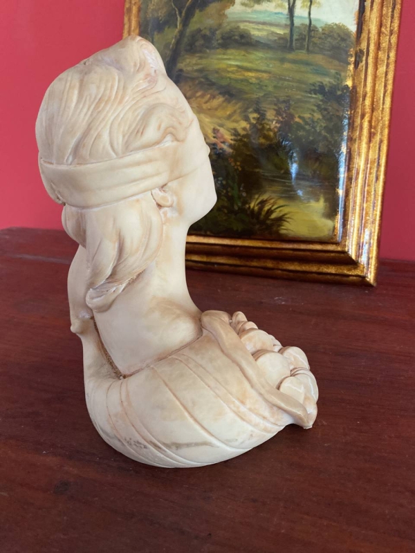 Vintage Neapolitan Bust of the Blindfolded Goddess of Fortune with Coins — Alabaster or Marble-Effect Composite, Italy, 1950s–1960s