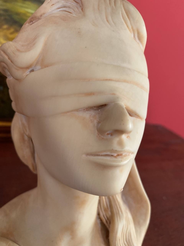 Vintage Neapolitan Bust of the Blindfolded Goddess of Fortune with Coins — Alabaster or Marble-Effect Composite, Italy, 1950s–1960s