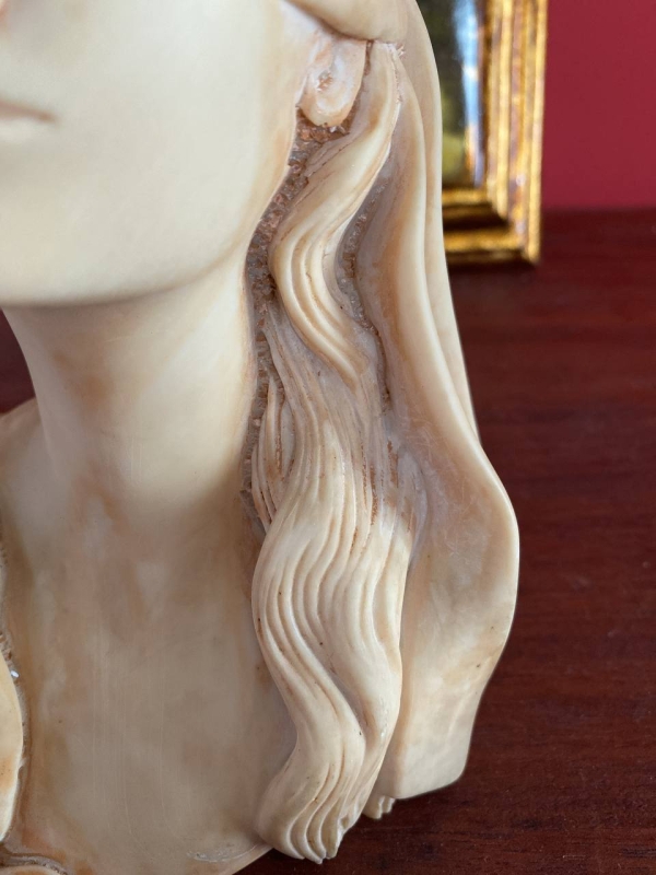 Vintage Neapolitan Bust of the Blindfolded Goddess of Fortune with Coins — Alabaster or Marble-Effect Composite, Italy, 1950s–1960s