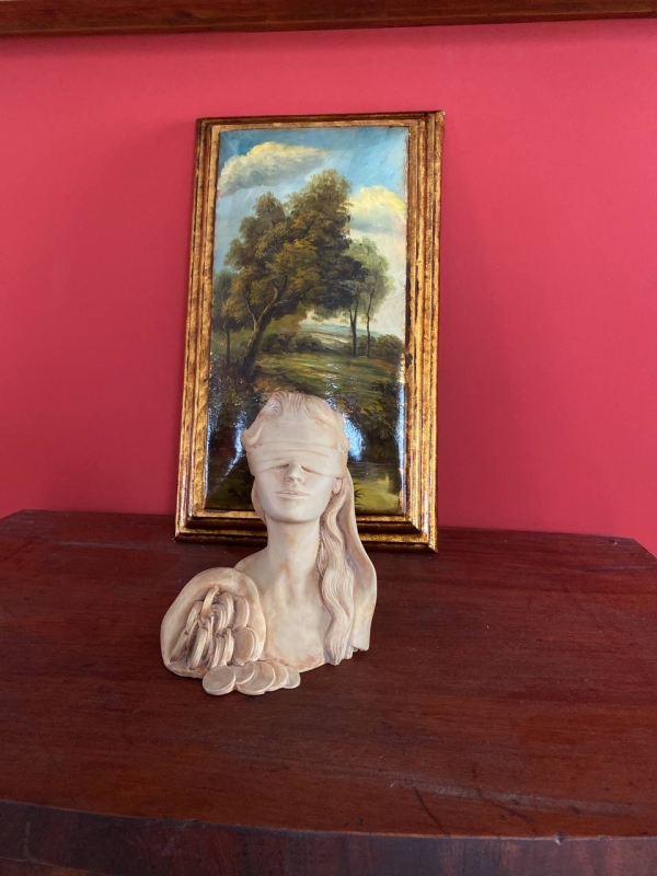 Vintage Neapolitan Bust of the Blindfolded Goddess of Fortune with Coins — Alabaster or Marble-Effect Composite, Italy, 1950s–1960s