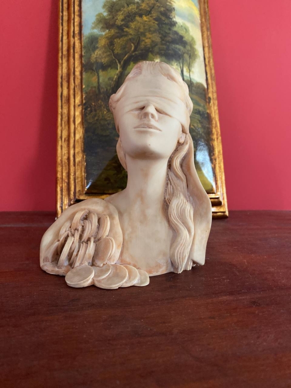 Vintage Neapolitan Bust of the Blindfolded Goddess of Fortune with Coins — Alabaster or Marble-Effect Composite, Italy, 1950s–1960s