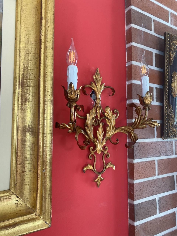 Antique Italian Gilt Wrought Iron Two-Light Wall Sconce with Acanthus Scrollwork, Mid-20th Century