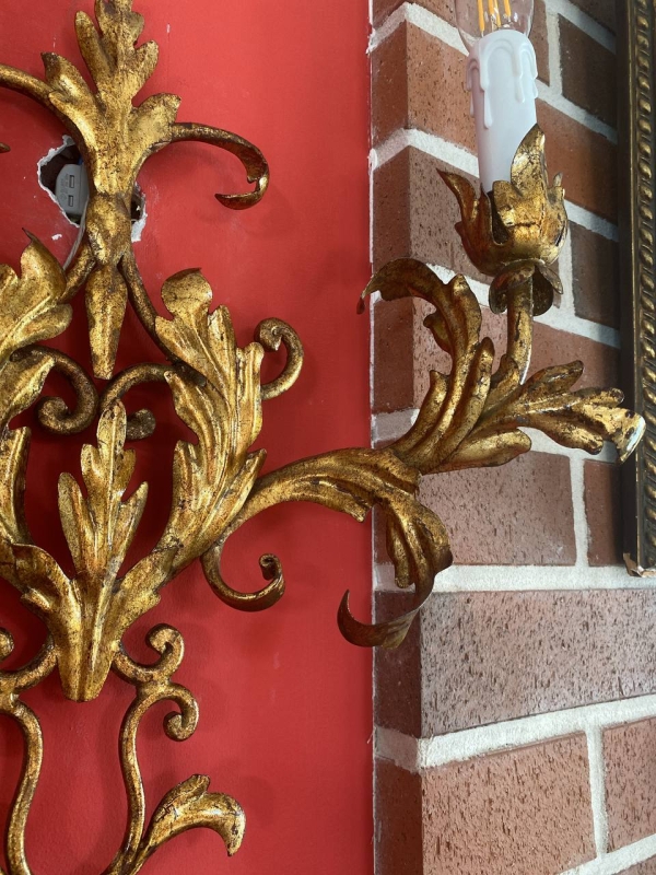 Antique Italian Gilt Wrought Iron Two-Light Wall Sconce with Acanthus Scrollwork, Mid-20th Century