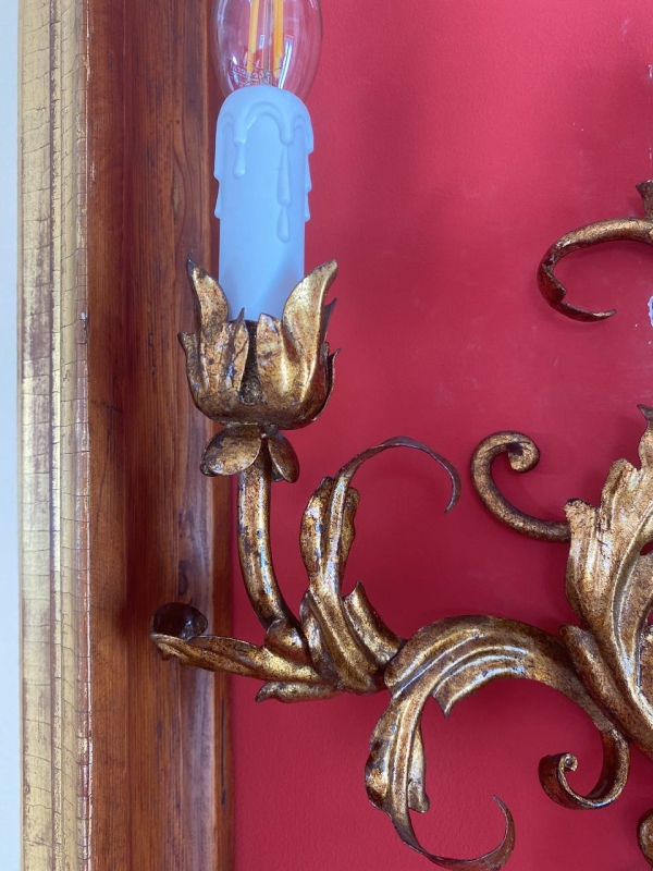 Antique Italian Gilt Wrought Iron Two-Light Wall Sconce with Acanthus Scrollwork, Mid-20th Century