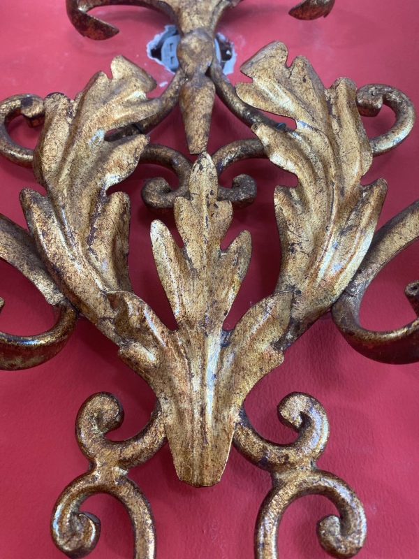 Antique Italian Gilt Wrought Iron Two-Light Wall Sconce with Acanthus Scrollwork, Mid-20th Century