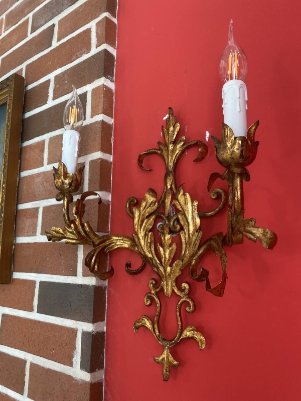 Antique Italian Gilt Wrought Iron Two-Light Wall Sconce with Acanthus Scrollwork, Mid-20th Century