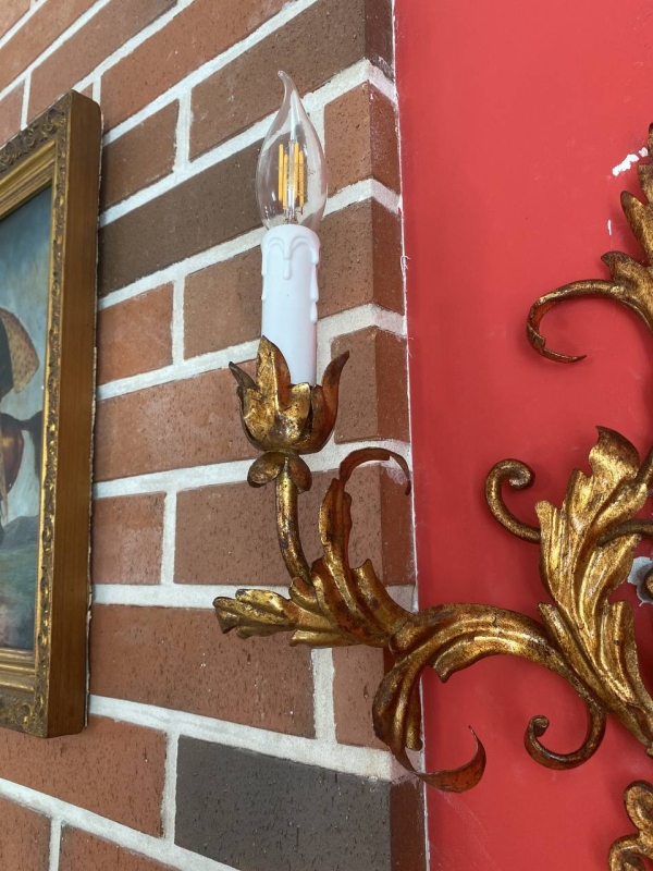 Antique Italian Gilt Wrought Iron Two-Light Wall Sconce with Acanthus Scrollwork, Mid-20th Century