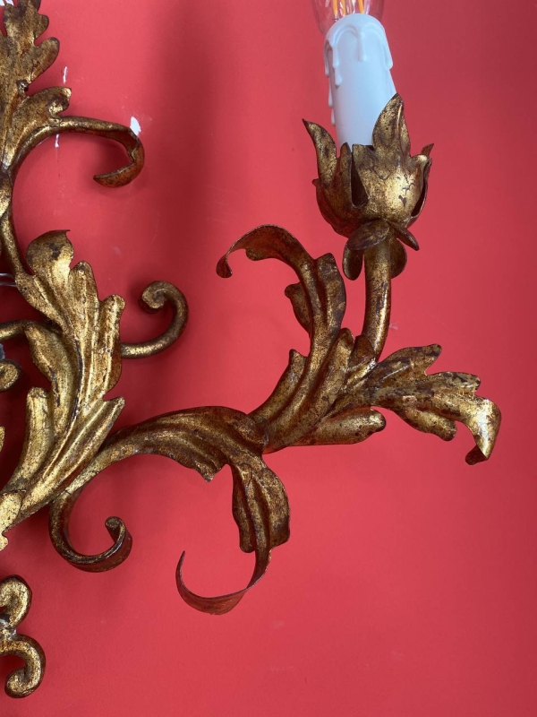 Antique Italian Gilt Wrought Iron Two-Light Wall Sconce with Acanthus Scrollwork, Mid-20th Century