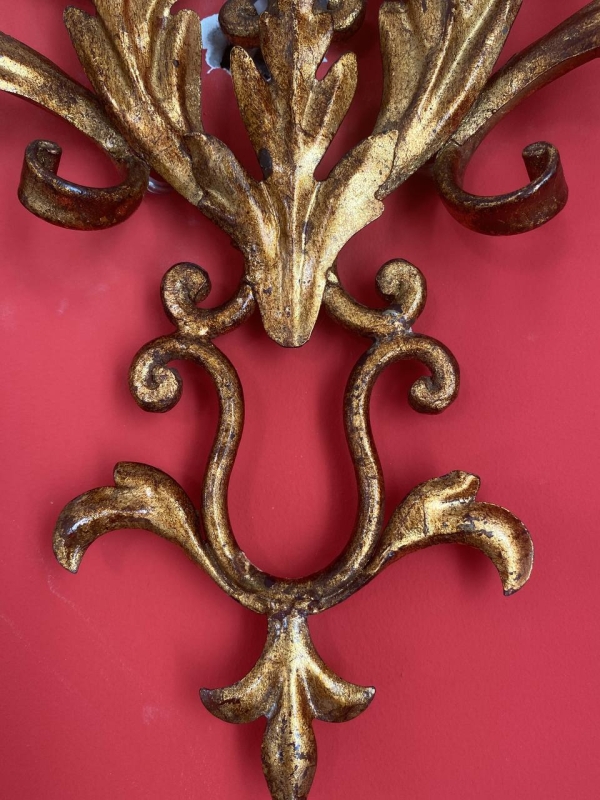 Antique Italian Gilt Wrought Iron Two-Light Wall Sconce with Acanthus Scrollwork, Mid-20th Century
