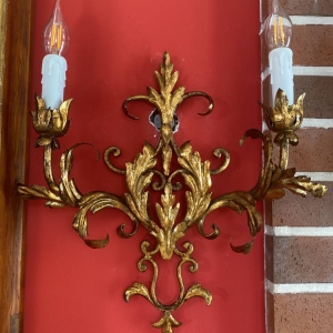 Antique Italian Gilt Wrought Iron Two-Light Wall Sconce with Acanthus Scrollwork, Mid-20th Century