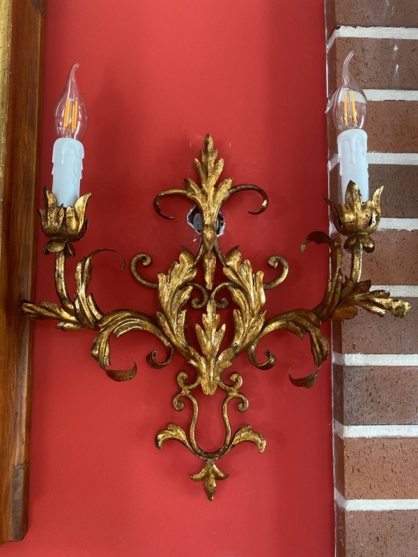 Antique Italian Gilt Wrought Iron Two-Light Wall Sconce with Acanthus Scrollwork, Mid-20th Century