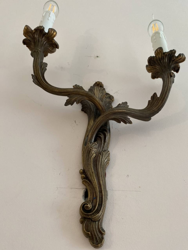 Pair of Antique Italian Cast Brass Two-Light Wall Sconces in the Louis XV Rococo Manner, Mid-20th Century