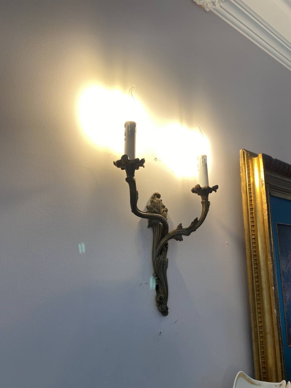 Pair of Antique Italian Cast Brass Two-Light Wall Sconces in the Louis XV Rococo Manner, Mid-20th Century