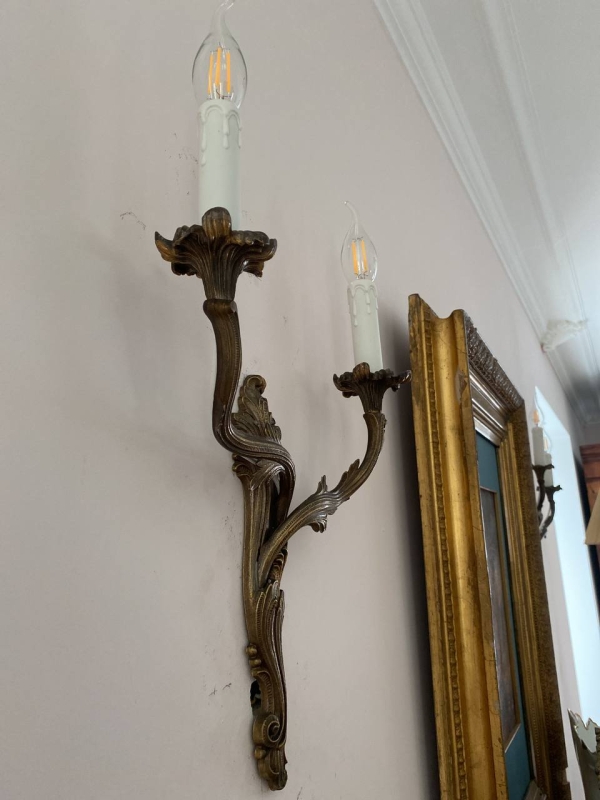 Pair of Antique Italian Cast Brass Two-Light Wall Sconces in the Louis XV Rococo Manner, Mid-20th Century