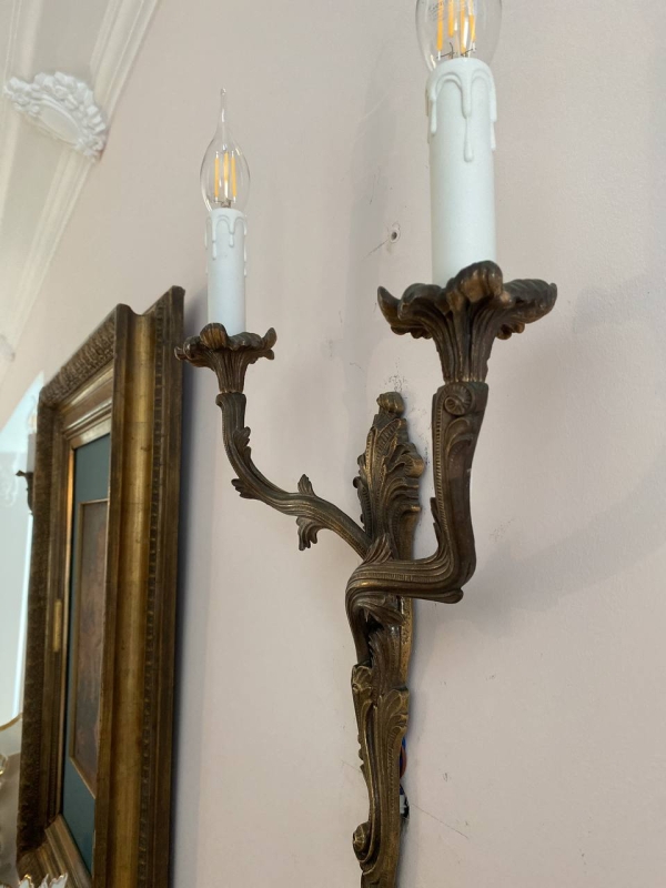 Pair of Antique Italian Cast Brass Two-Light Wall Sconces in the Louis XV Rococo Manner, Mid-20th Century
