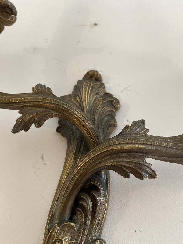 Pair of Antique Italian Cast Brass Two-Light Wall Sconces in the Louis XV Rococo Manner, Mid-20th Century