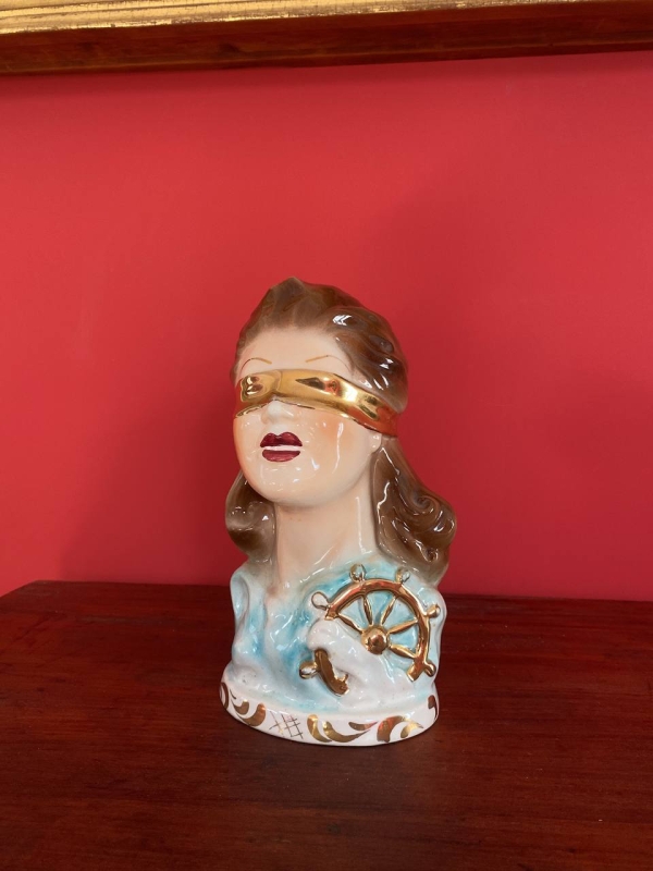 Vintage Neapolitan Ceramic Bust of the Blindfolded Goddess of Fortune with Ship's Wheel, Italy, 1950s, Mid-Century Modern
