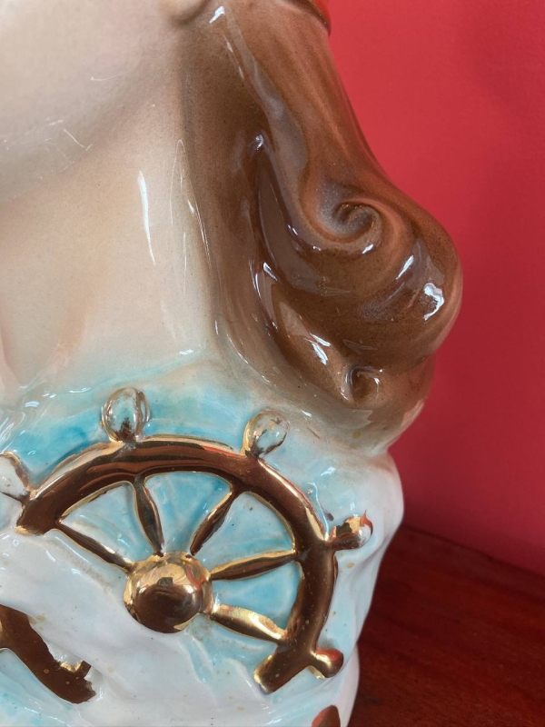 Vintage Neapolitan Ceramic Bust of the Blindfolded Goddess of Fortune with Ship's Wheel, Italy, 1950s, Mid-Century Modern