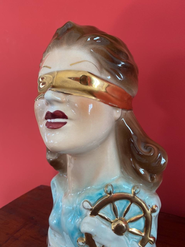Vintage Neapolitan Ceramic Bust of the Blindfolded Goddess of Fortune with Ship's Wheel, Italy, 1950s, Mid-Century Modern