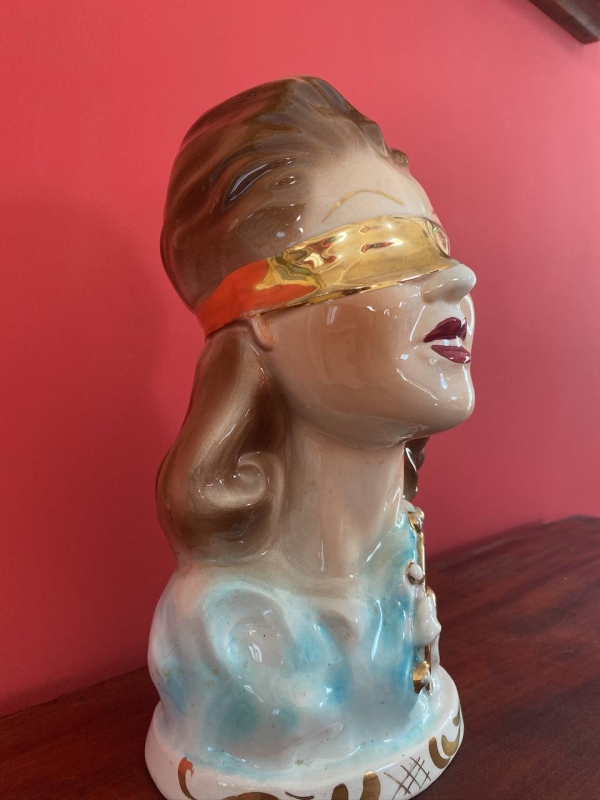 Vintage Neapolitan Ceramic Bust of the Blindfolded Goddess of Fortune with Ship's Wheel, Italy, 1950s, Mid-Century Modern