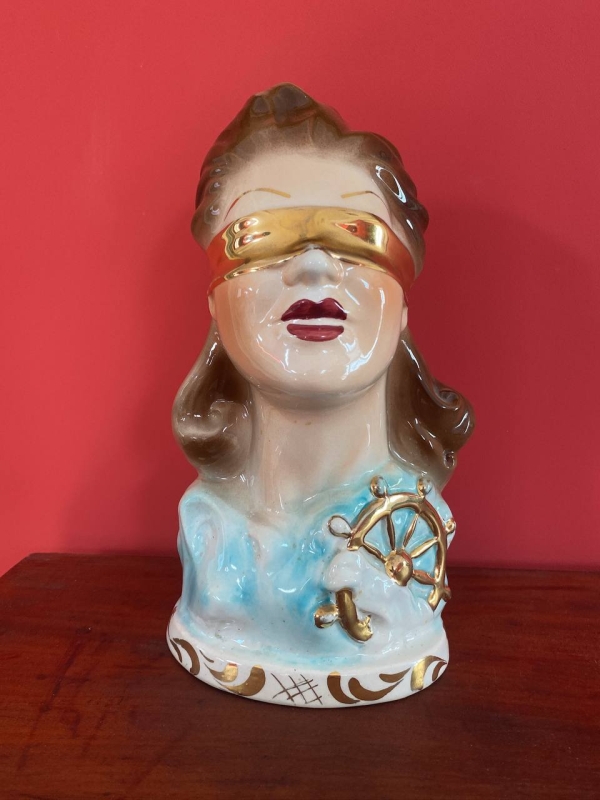 Vintage Neapolitan Ceramic Bust of the Blindfolded Goddess of Fortune with Ship's Wheel, Italy, 1950s, Mid-Century Modern