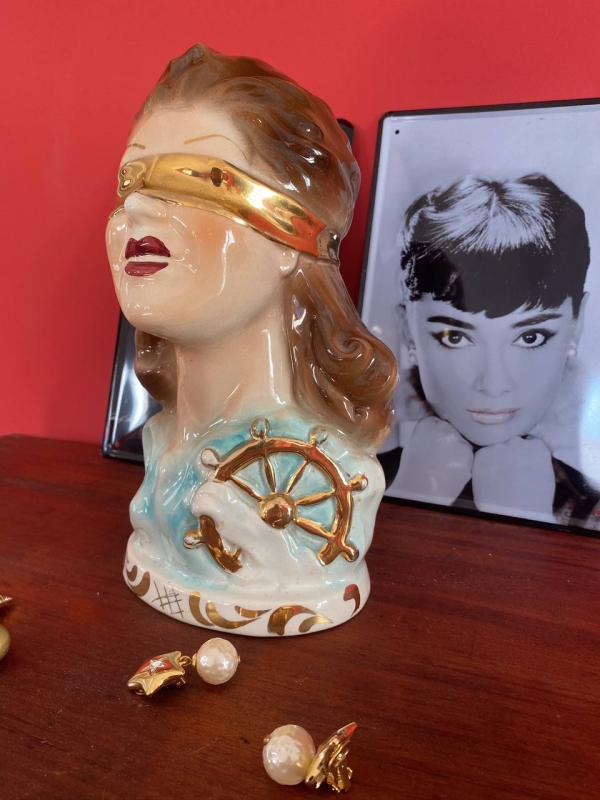 Vintage Neapolitan Ceramic Bust of the Blindfolded Goddess of Fortune with Ship's Wheel, Italy, 1950s, Mid-Century Modern