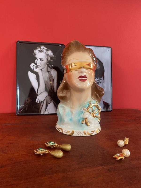 Vintage Neapolitan Ceramic Bust of the Blindfolded Goddess of Fortune with Ship's Wheel, Italy, 1950s, Mid-Century Modern