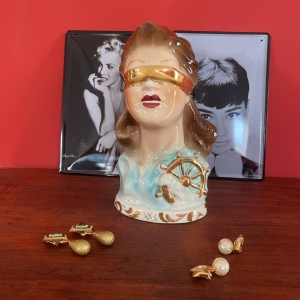 Vintage Neapolitan Ceramic Bust of the Blindfolded Goddess of Fortune with Ship's Wheel, Italy, 1950s, Mid-Century Modern