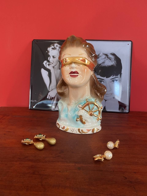 Vintage Neapolitan Ceramic Bust of the Blindfolded Goddess of Fortune with Ship's Wheel, Italy, 1950s, Mid-Century Modern