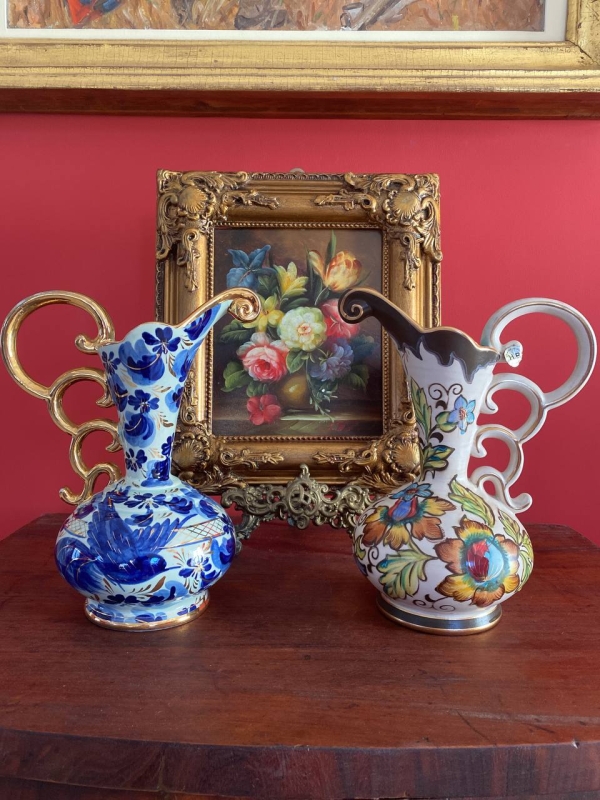 Vintage Hubert Béquet Cobalt Blue Hand-Painted Ceramic Jug with Birds and Gilt Scrolled Handle, Belgium, Mid-20th Century