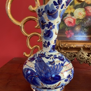 Vintage Hubert Béquet Cobalt Blue Hand-Painted Ceramic Jug with Birds and Gilt Scrolled Handle, Belgium, Mid-20th Century