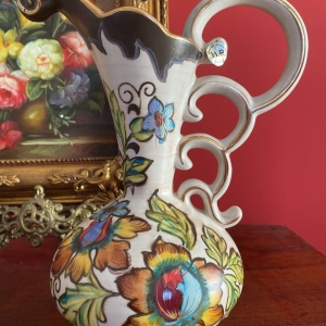 Vintage Hubert Béquet Polychrome Hand-Painted Ceramic Jug with Exotic Floral Decoration and Gilt Handle, Belgium, Mid-20th Century