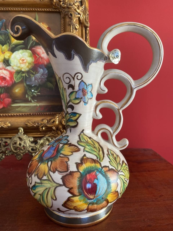 Vintage Hubert Béquet Polychrome Hand-Painted Ceramic Jug with Exotic Floral Decoration and Gilt Handle, Belgium, Mid-20th Century
